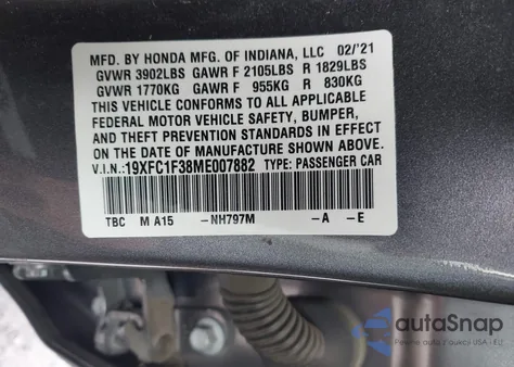 2021 Honda Civic Ex z USA, uszkodzony, nr VIN 19XFC1F38ME007882
